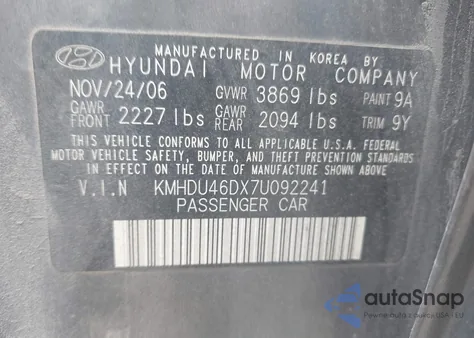 2007 Hyundai Elantra Gls/Limited/Se z USA, uszkodzony, nr VIN KMHDU46DX7U092241